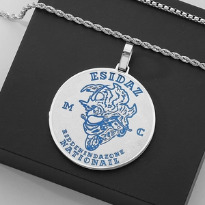 Silver punk round pendant necklace with blue engraved text on twisted rope chain
