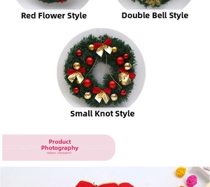 Detailed views of artificial Christmas wreaths with pine needles, bells, and red flowers