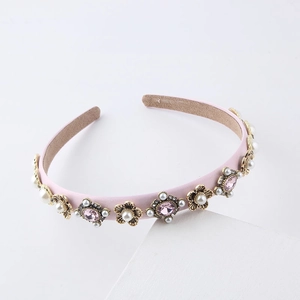 Pink velvet headband with golden floral accents, pink crystals and white pearls for women