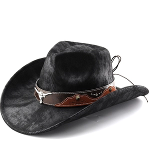 Western Cowboy Hat Vintage Faux Suede Wide Brim Bull Head Leather Belt Rivet Outdoor Travel Adjustable For Men Women