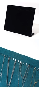 L-shaped velvet necklace display stand with multiple hooks in black and navy blue colors