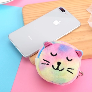Mini colorful plush cat coin purse with tie-dye pattern and silver bead chain