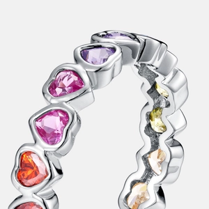 Elegant S925 silver ring with multi-color heart-shaped gemstones in a continuous row