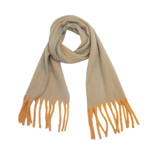 Close-up of thick grey and yellow boucle yarn scarf with decorative fringe texture