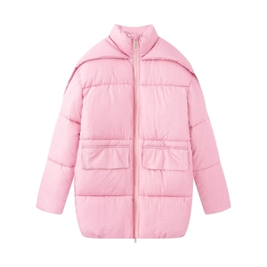 Rosafarbene Damen-Steppjacke mit Blumenmuster, Stehkragen und großen Taschen