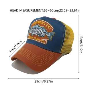 Close-up of trucker hat showing detailed fish embroidery and breathable mesh texture