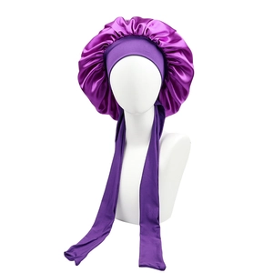 Purple elastic satin sleep bonnet with long ties for women hair care and beauty