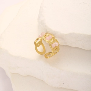 Minimalist gold plated stainless steel open ring with pink beaded accents on stone