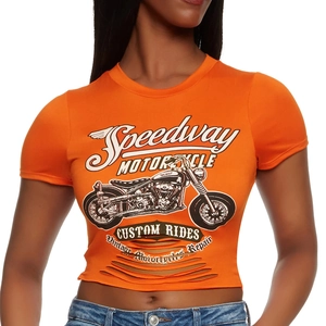 Vintage Motorcycle Print T-Shirt Women CVC Knit Distressed Ripped Hem Short Sleeve Round Neck Slim Fit Crop Top