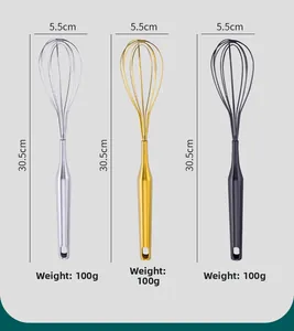 Three-color 304 stainless steel whisks showing dimensions and weights for kitchen baking