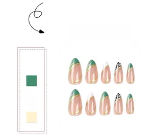 Detail view of 10 long almond fake nails with forest green, nude pink, and zebra patterns