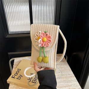 Handmade woven floral phone crossbody bag in cream white for summer beach vacation