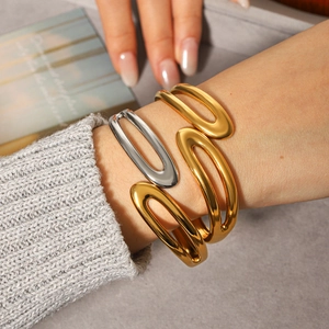 Stainless Steel Bangle Bracelet Gold Silver Color Block Open Cuff Hinge Minimalist Luxury Jewelry For Women