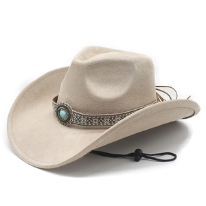 Khaki western cowboy hat with ethnic turquoise band and adjustable chin strap