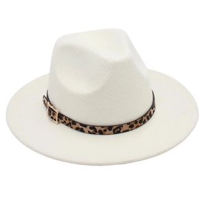 Detailed view of white wool fedora hat with leopard print band and gold buckle accent
