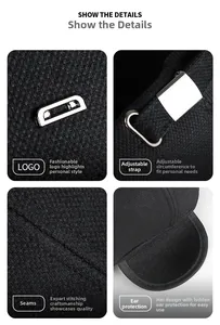 Detail view of winter hat showing metal logo, adjustable strap and hidden ear flaps