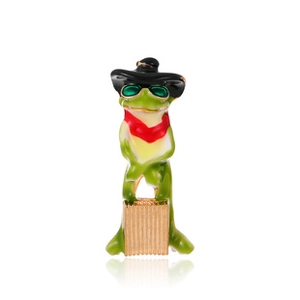 Detailed view of colorful enamel frog brooch with hat and scarf on white background