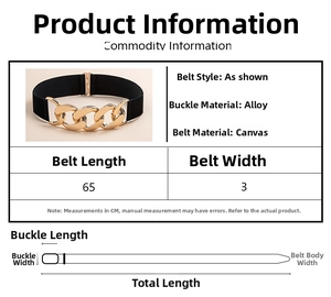 Size chart showing 65cm black elastic waist belt with gold alloy chain buckle details