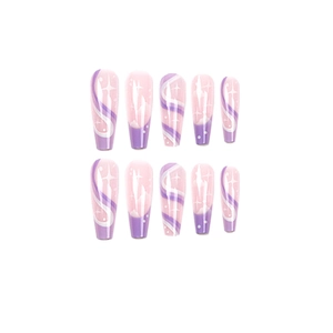 Faux ongles ballerine longs avec dégradé violet, motifs d'étoiles et lignes ondulées