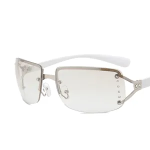 Y2K rimless square sunglasses with grey lenses, rhinestone accents and white temples