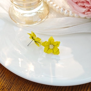 Sweet yellow layered flower stud earrings for women with minimalist floral petal design