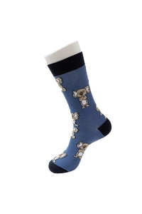 Close-up of blue cotton crew socks featuring cute cartoon koala patterns and navy accents