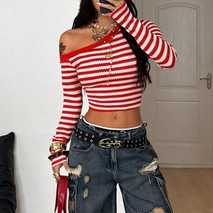 Sexy off-shoulder cropped knit top with red and white horizontal stripes for women