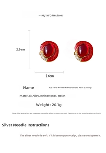 Detail view of vintage red resin earrings with 925 silver needles and crystal accents