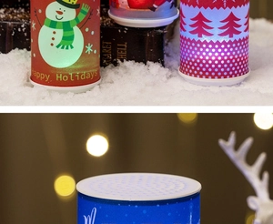Close-up of LED Christmas cylinder lamp with Merry Christmas print on snow display