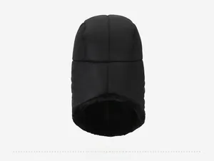 Rear view of black quilted winter trapper hat with thick fleece lining for cold protection