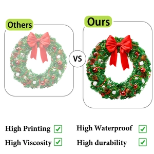 Detail view of a vibrant Christmas wreath with pine cones and red bows vs other brands