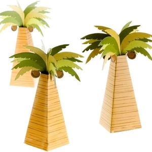 Three palm tree shaped candy boxes with green leaves on a white background
