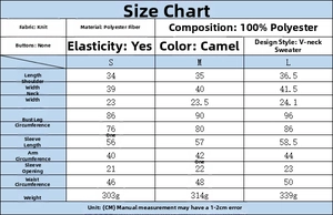 Size guide table for women's V-neck irregular knit sweater with S, M, L measurements