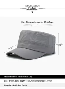 Detail view of grey quick-dry flat top cap with breathable mesh holes and dimensions