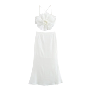 Women Skirt Set Sexy Two Piece Elegant 3D Flower Camisole Top And Long Fishtail Satin Skirt Party Celebrity Style