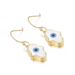 Hamsa Hand and Evil Eye gold earrings with white shell inlay for women