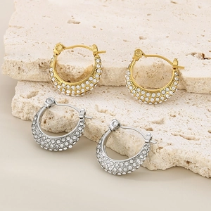 Luxe gold and silver stainless steel C-shaped hoop earrings with micro pavé crystals