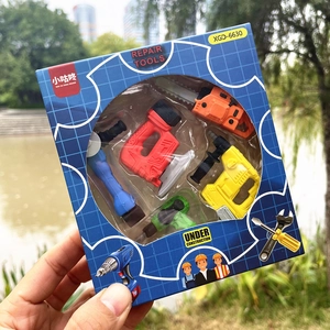 Detailed view of the repair tool shaped eraser set in colorful packaging