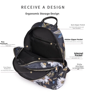 Detail view of multifunctional floral backpack showing spacious compartments and pockets