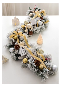 Detail of 135cm flocked Christmas garland with gold ornaments and pine cones