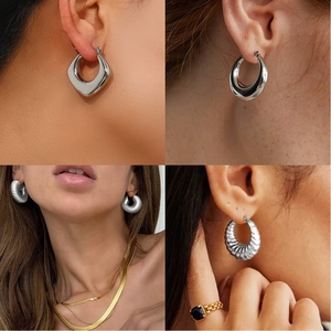 Chunky silver stainless steel hoop earrings in various textured and polished geometric styles