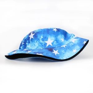 Navy blue tie-dye bucket hat with white star patterns and breathable sun protection