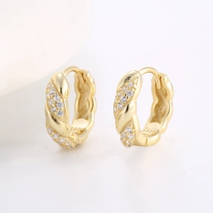 S925 silver 14K gold plated hoop earrings with twisted texture and zircon stones