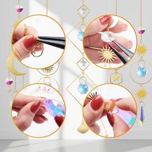 Macro view of DIY suncatcher kit featuring golden metal charms and rainbow crystal prisms