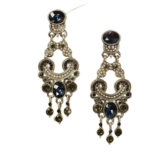 Vintage silver earrings with blue oval gemstones, white pearls, and tassel pendant detail