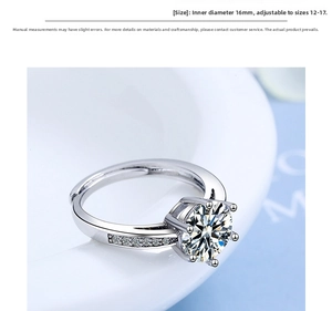 Detail of adjustable six-prong ring with a round cubic zirconia and side stones