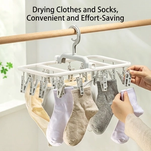 Laundry Drying Rack Multi Clip Plastic Foldable Hanger Rotating Windproof Hook For Socks Underwear Scarves Ties