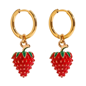 Chic gold hoop earrings with cute red strawberry pendants made of stainless steel