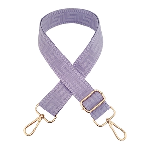 Adjustable lavender purple bag strap with Greek meander pattern and gold metal hooks