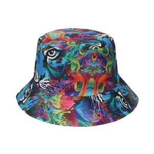 Reversible bucket hat with vibrant psychedelic tiger eyes print on durable canvas fabric